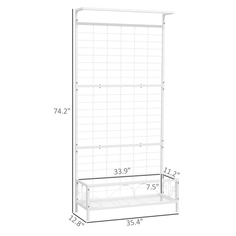 74-Inch Tall Steel Flower Stand with Trellis and Hanging Basket Roof for Garden Patio Plants - 36.2" W x 12.8" D x 74.2" H
