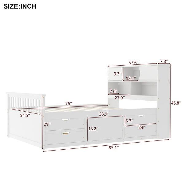 dimension image slide 1 of 2, Full Size Captain Platform Bed Frame with Storage Bookcases and Shelves, Four Drawers,White