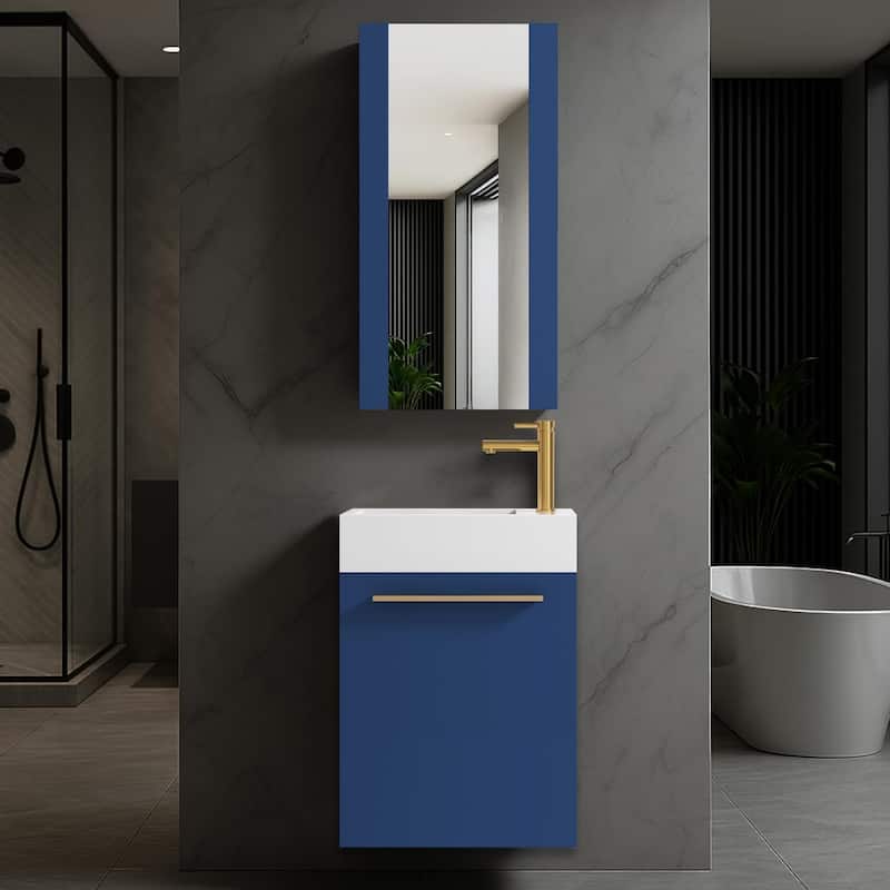 Blossom 18 Inch Floating Wall-Mount Bathroom Vanity Set w/ Acrylic Sink - Navy Blue W/ Mirror