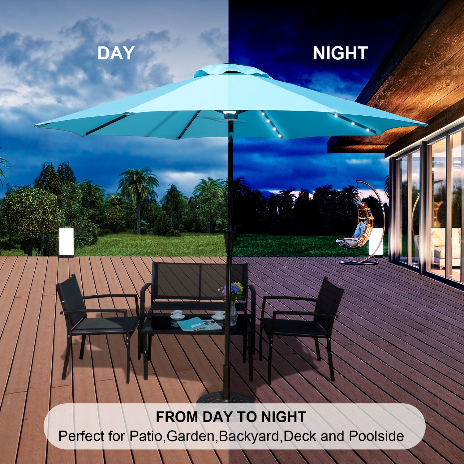 9 Ft Patio Market Outdoor Umbrella with Solar LED Led lights - Bed Bath u0026  Beyond - 35225415