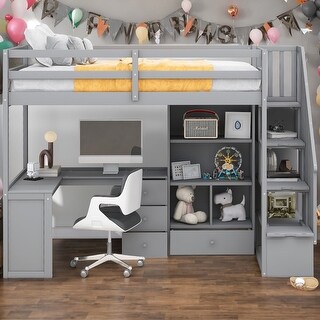 Loft Bed with L-Shaped Desk and Drawers Twin Size Kids Bed with Cabinet and Storage Staircase Kids Furniture, Gray
