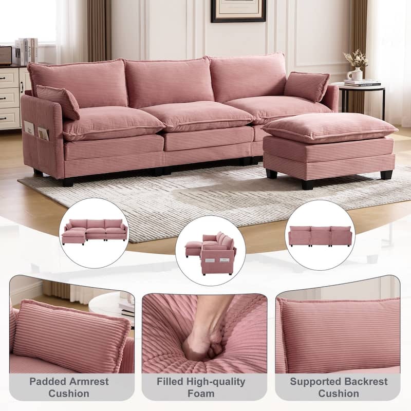 102.95" L-Shaped Corduroy Sectional Sofa with Movable Ottoman