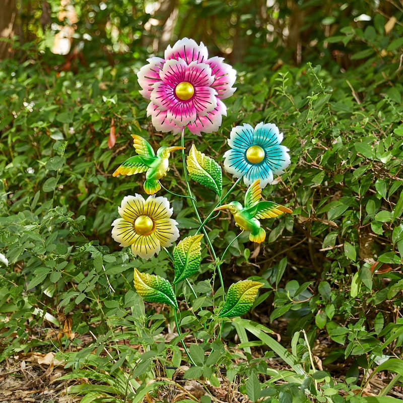 Glitzhome 34"H Garden Flower and Hummingbird Yard Stake Spring Gifts