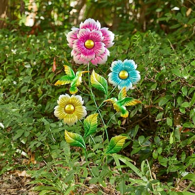 Glitzhome 34"H Garden Flower and Hummingbird Yard Stake Spring Gifts
