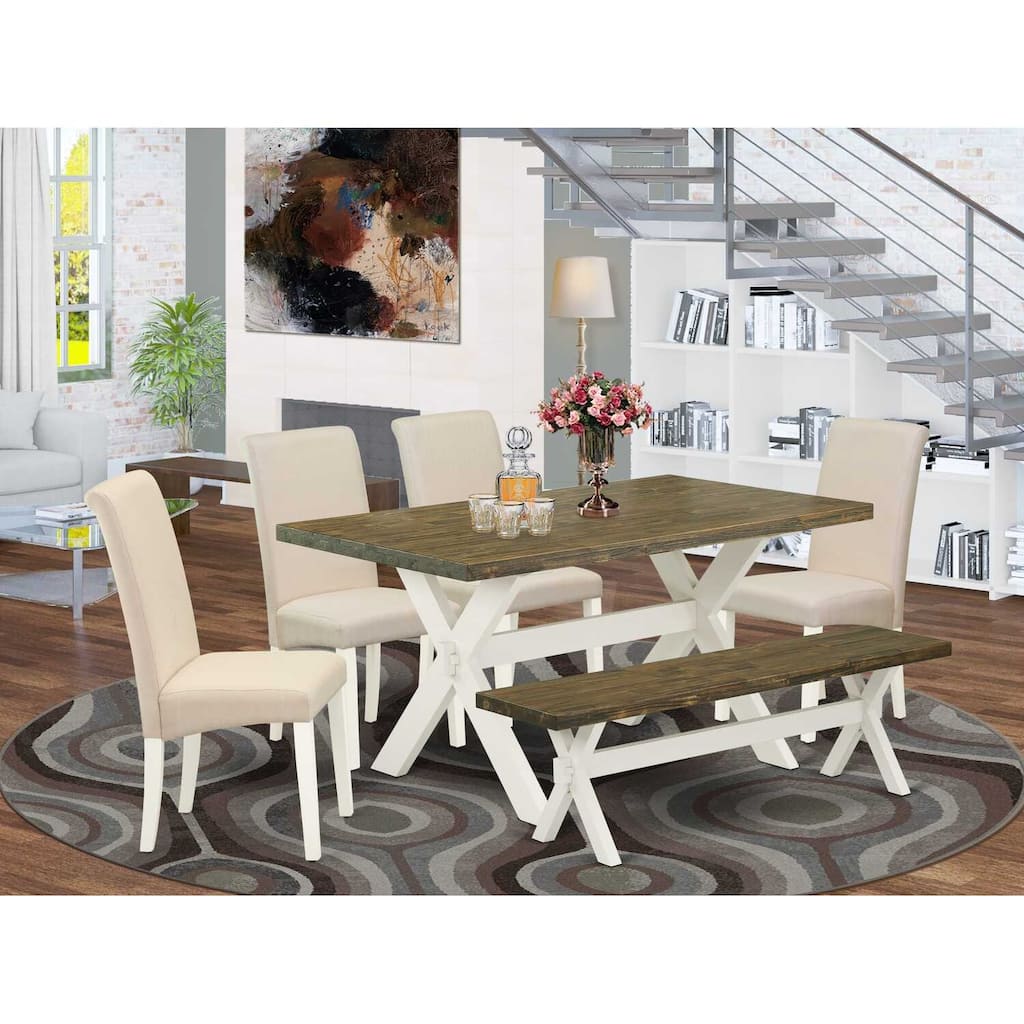 HomeStock 6-Pc Rectangle Distressed Jacobean Finish Solid Wood Top Dining Table with 1-Bench, 4-Chairs