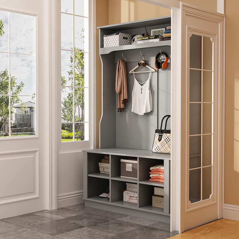 Cubby Wide Hall Tree With Bench Coat Hook 17.3" D x 39.8" W x 67.1" H