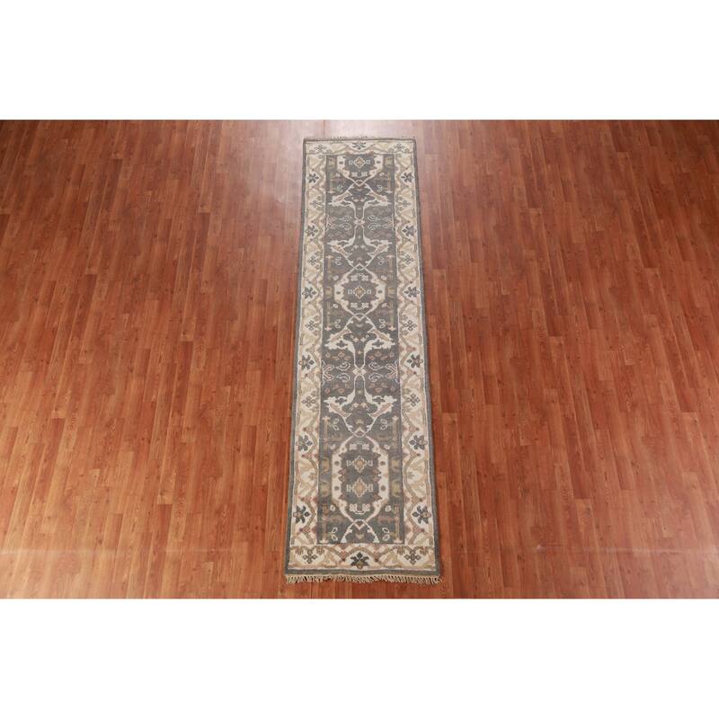 Gray Oushak Oriental Runner Rug Transitional Handmade Wool Carpet - 2'7" x 9'11"