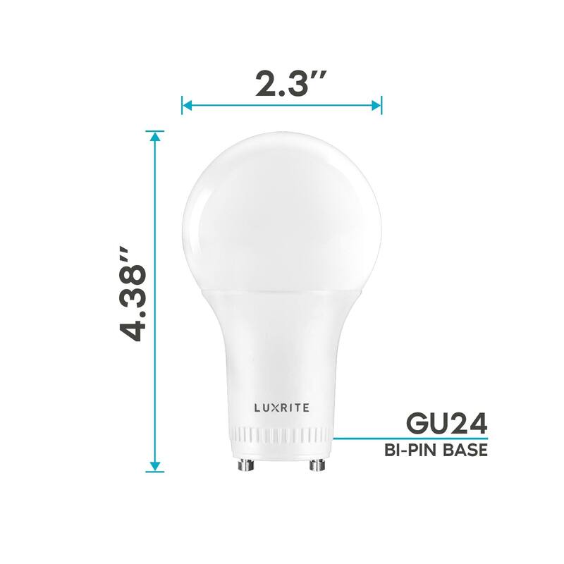 Luxrite GU24 LED A19 Light Bulb 60W Equivalent, 800lm, Dimmable, 9W, Enclosed Fixture Rated, UL Listed, E26 Base, 6-Pack