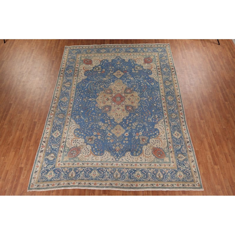 Tabriz Vintage Persian Area Rug Hand-Knotted Blue Wool Carpet - 9'10" x 13'5"