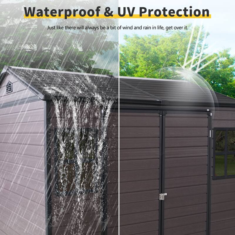 Resin Outdoor Storage Shed UV-Proof Garden Tool Shed with Sloping Roof & Lockable Double Doors, Built-in Floor