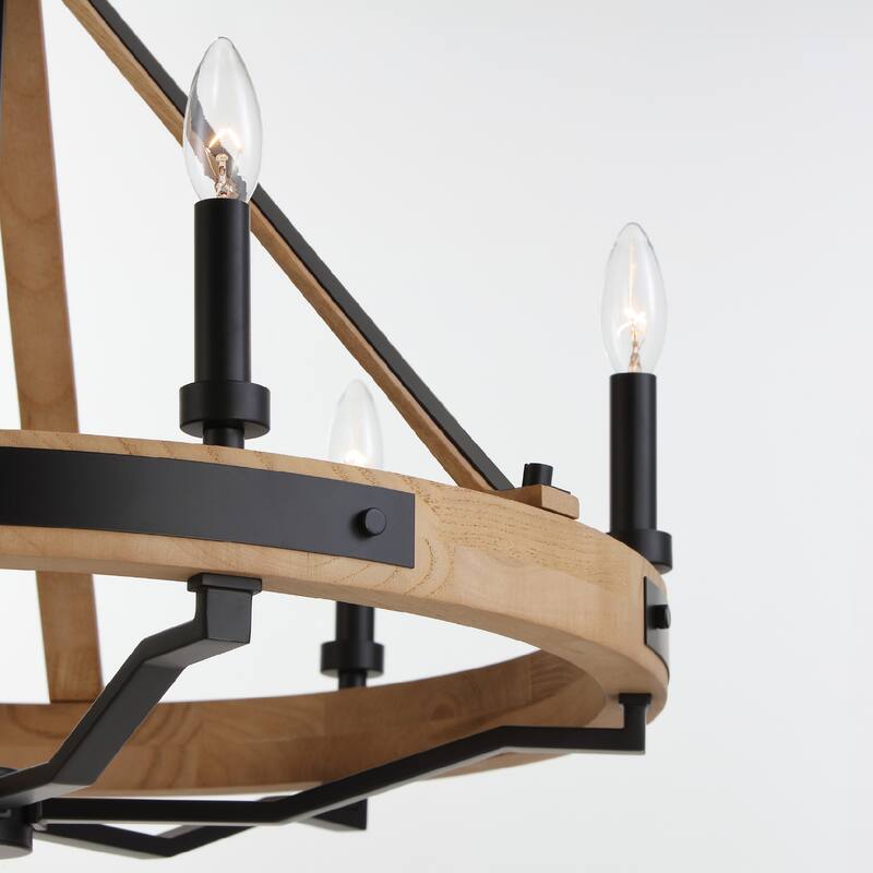 VidaLite Savannah 6-Light Rustic Farmhouse Style Chandelier, Natural Brown & Matte Black Round Pendant Chandelier Light