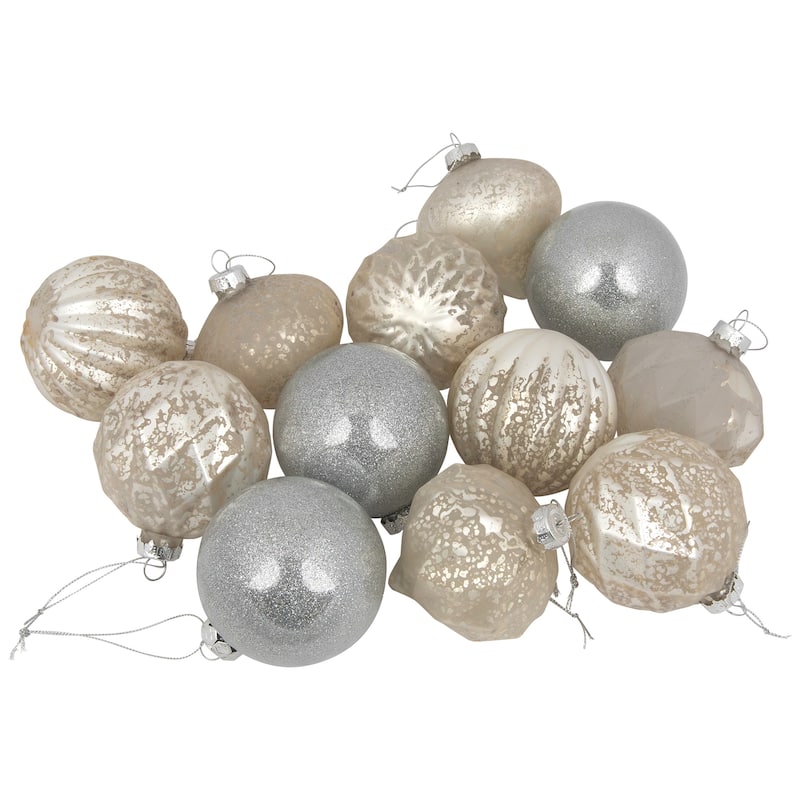 12ct Champagne Silver Mercury Glass Style Glass Ornament Set 3"