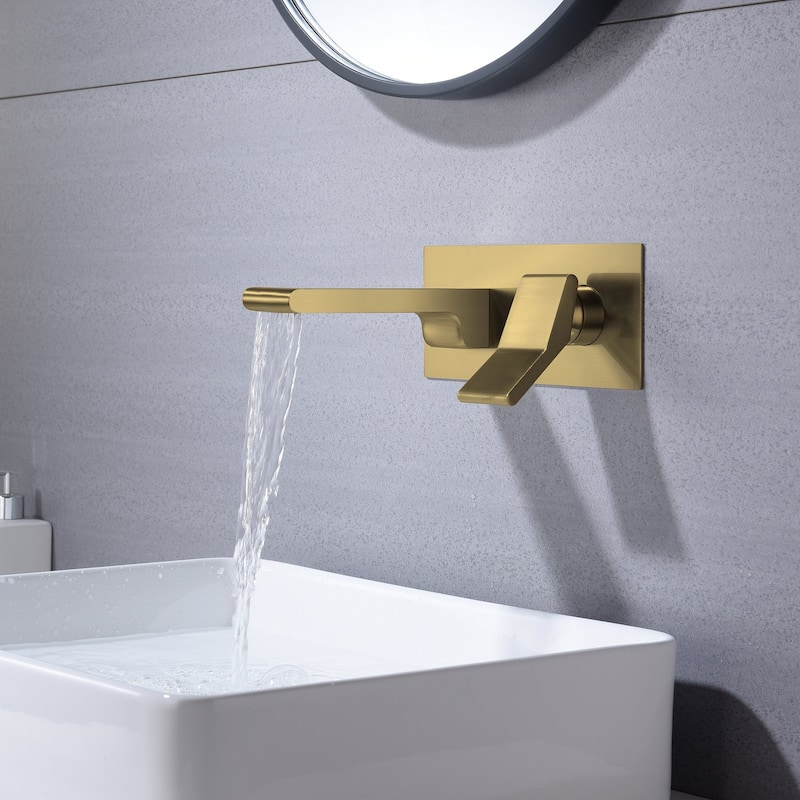 Brushed Gold waterfall Wall mount single handles bathroom sink faucet with brass pop up overflow drain - 5' x 11'