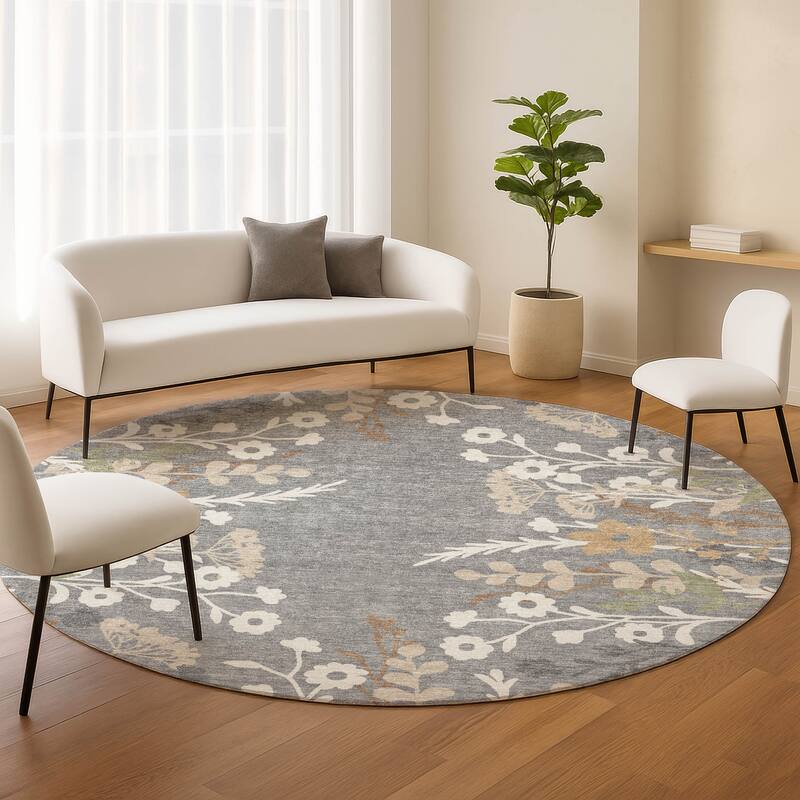 Machine Washable Indoor/ Outdoor Floral Border Chantille Rug