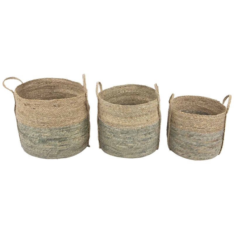 Set of 3 Round Tall Woven Seagrass Storage Baskets with Handles 16.25"