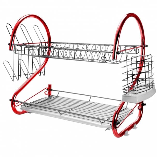 MegaChef Red Two-Tier Iron Dish Drying Kitchen Counter Rack with Drain Tray and Utensil Holder - 16"
