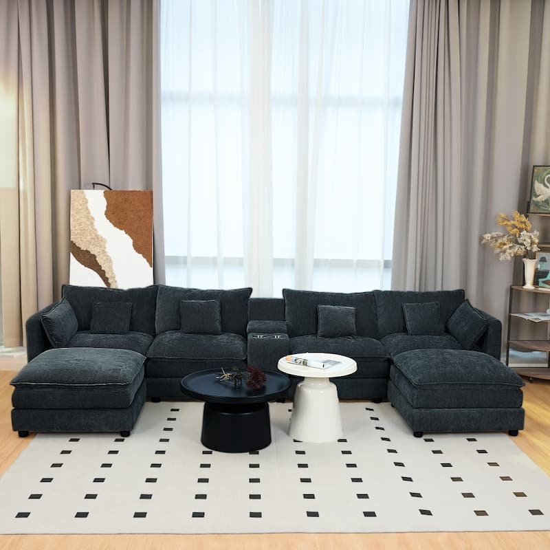144" Modular 6-Seat U-Shaped Sectional Sofa with Movable Ottoman and Console, Cup Holders - Black