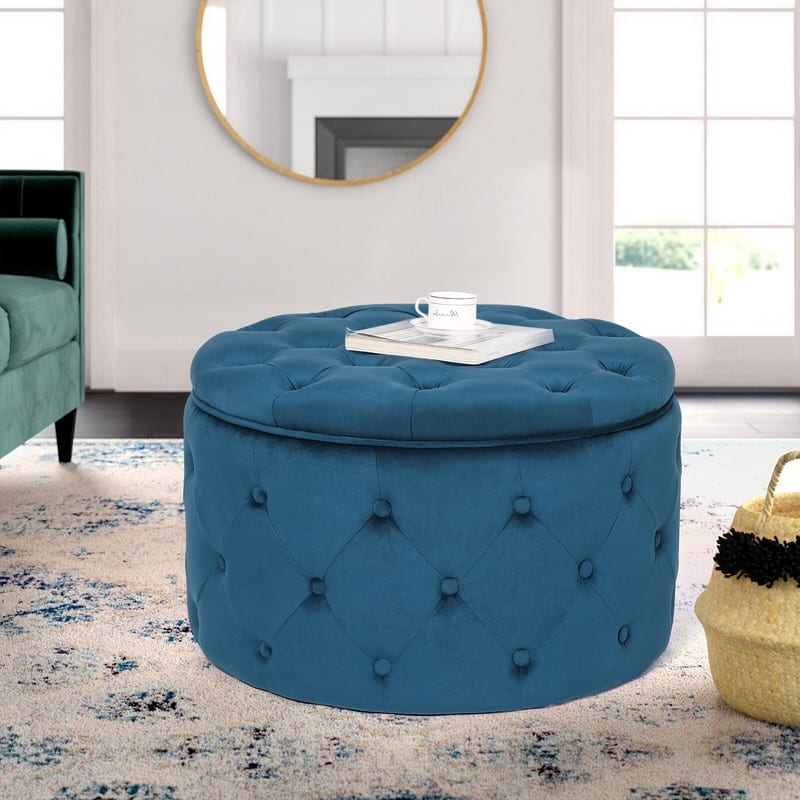 Adeco Round Velvet Storage Ottoman, Button Tufted Footrest Footstool - Blue