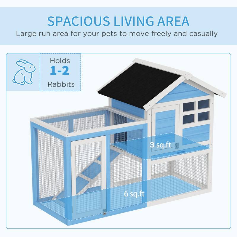 Light Blue Indoor Outdoor Wooden 2-Story Bunny Hutch with Run and Ramp Tray - 48" L x 24.75" W x 36.25" H