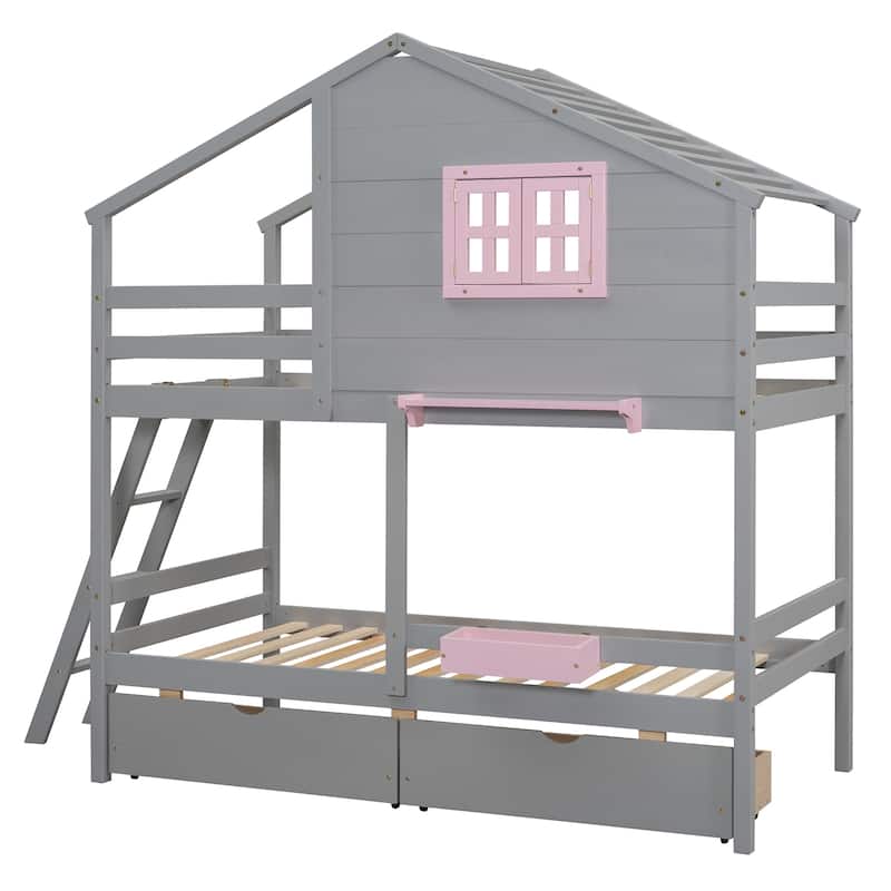 Twin Over Twin Bunk Bed with Drawers, Storage Box, Shelf, Window and Roof