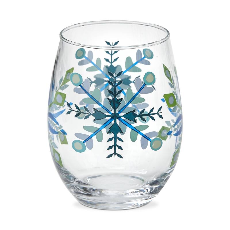 18 oz. Alpine Glow Blue Snowflake Glass Stemless Wine Drinkware Dishwasher Safe Beverage Glassware