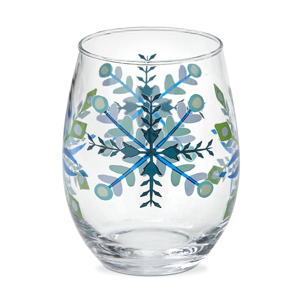 18 oz. Alpine Glow Blue Snowflake Glass Stemless Wine Drinkware Dishwasher Safe Beverage Glassware