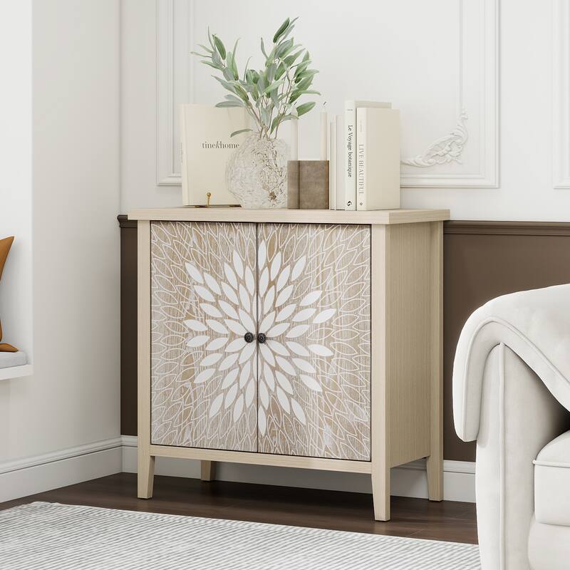 2-Door Carved Storage Cabinet with Adjustable shelf, Accent Furniture for Living Room, Hallway, Kitchen - Natural