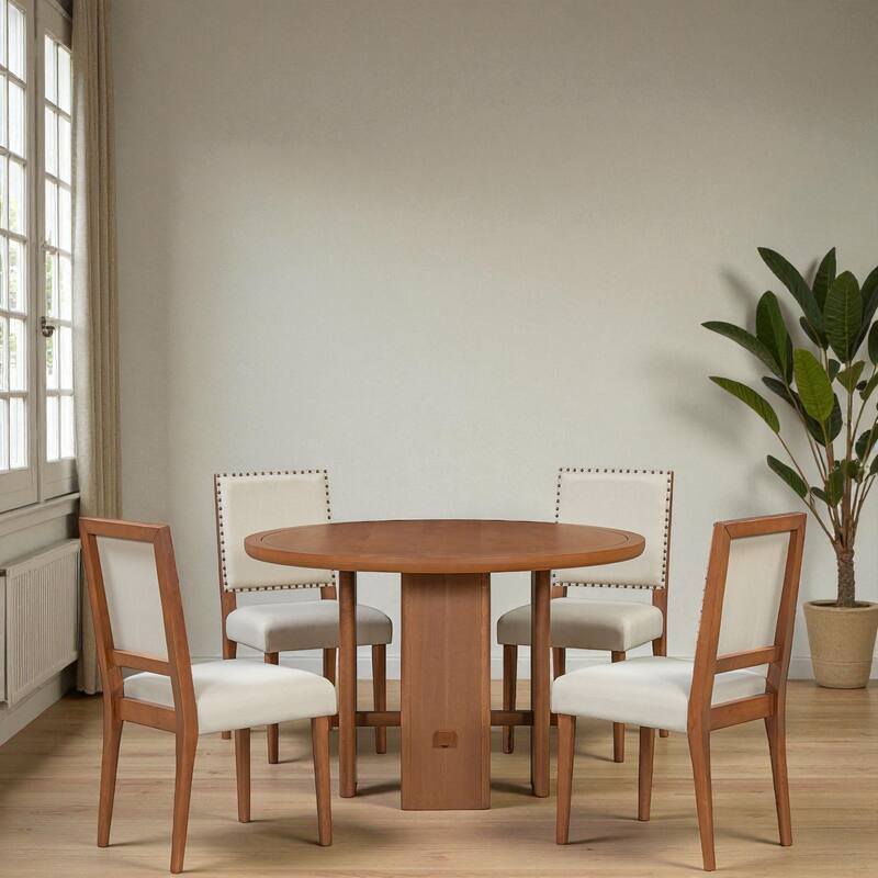 5-Piece Round Farmhouse Dining Table Set, 46.9" Wood Table with 4 Upholstered Chairs, Modern Rustic Kitchen Furniture