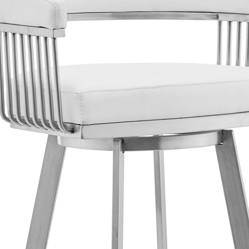 25-Inch White Faux Leather Swivel Bar Chair with Brushed Iron Frame Arms and Footrest for Kitchen Island - 34"H x 22"W x 21"D