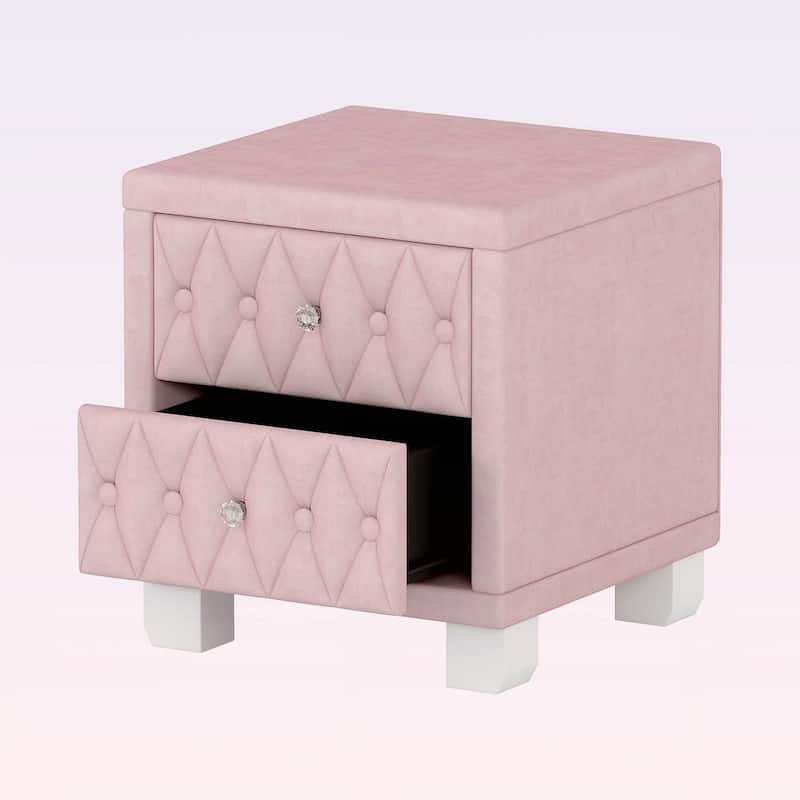 Nightstand with 2 Drawers,Crystal Handles,and Button-Tufted Design,for Bedroom Decor