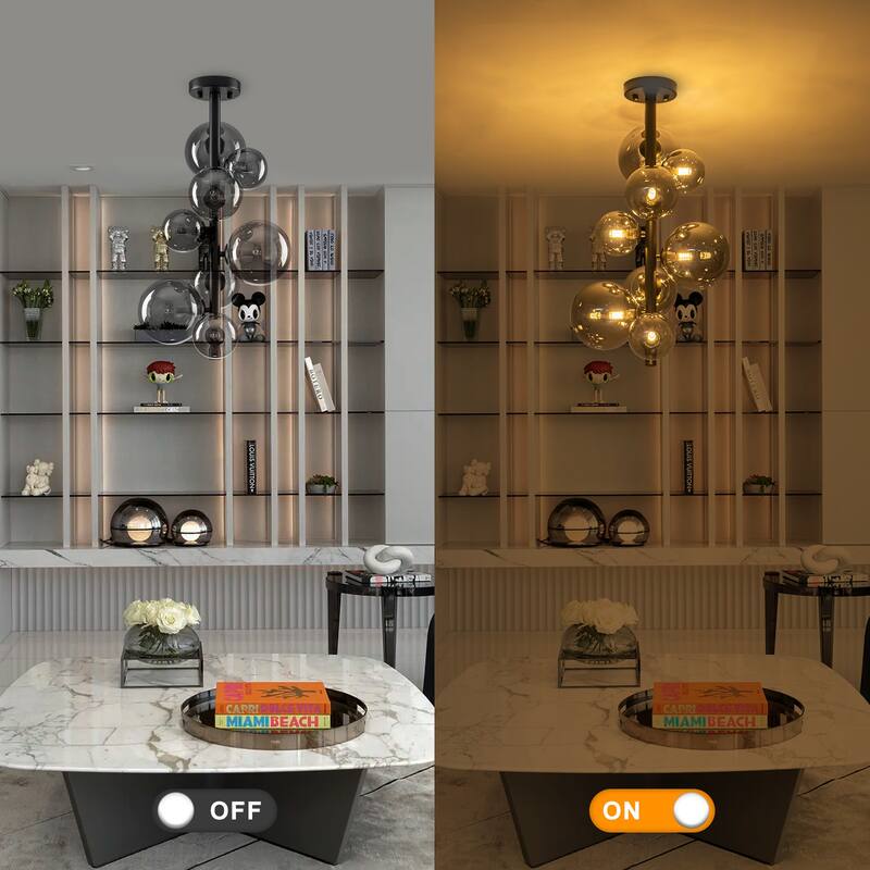 8 Lights Modern Semi-Flush Mount Ceiling Light Smoky Gray Glass Globe