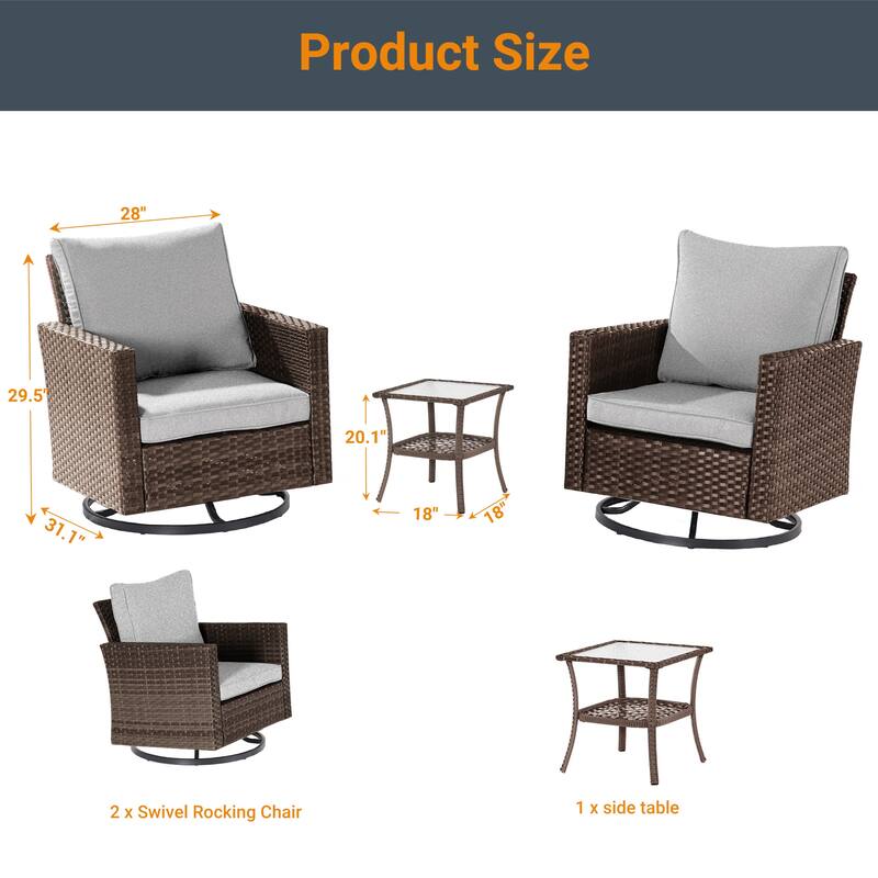 LIVOOSUN 3-Piece Patio Sofa Set Brown Rattan Swivel Rocking Chair Glass Table