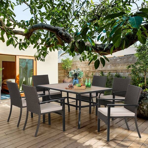 7Piece Outdoor Patio Dining Set of 6 Metal Chairs with Cushions and 1