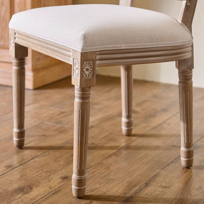 Set of 2 French Side Chairs with Carved Wood Legs & Linen Upholstery