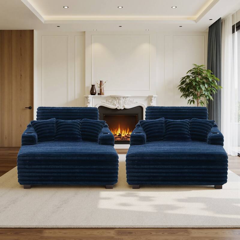 2 Set Flannel Upholstery Dual Cup Holde Chaise Lounge