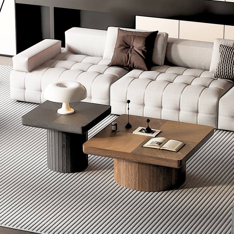 Modern Wood Coffee Table with Cylindrical & Fluted Pedestal
