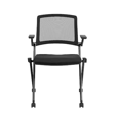 Set of Two Folding and Stacking Black Mesh Rolling Armchairs - 22.84" W x 34.65" H x 22.05" D