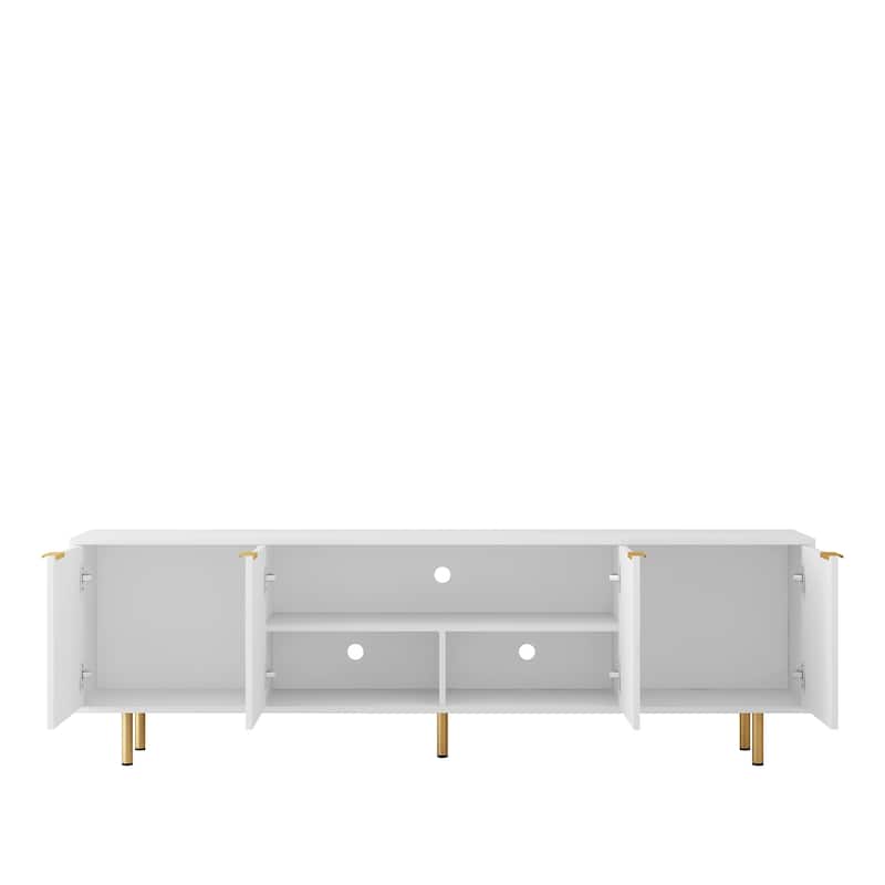 Fluted TV Stand with Storage Doors, Entertainment Center with Shelves, Console Table with Gold Legs and Metal Handles