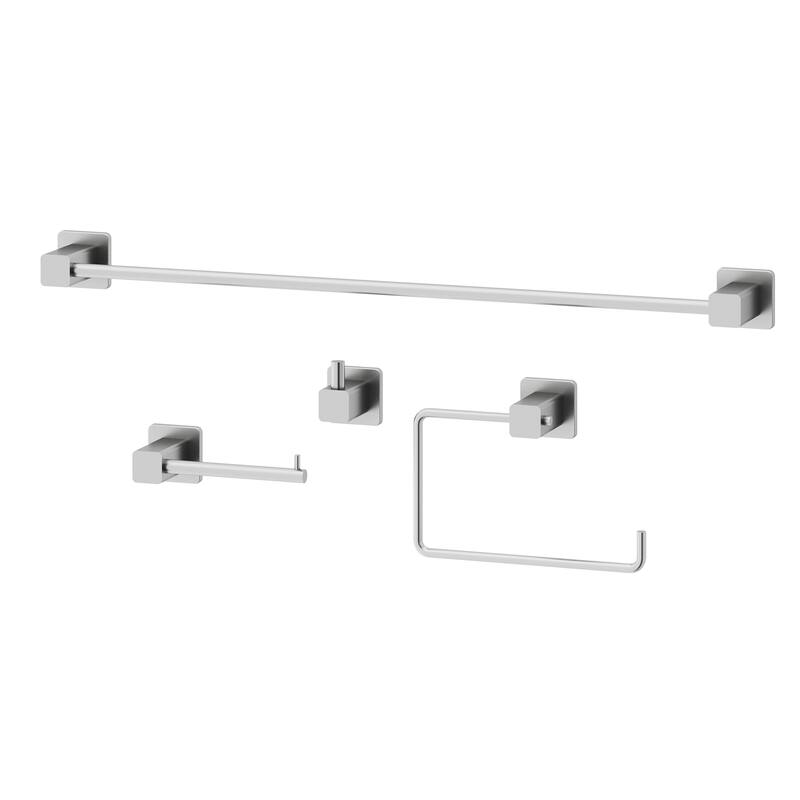 VIGO Meridian 4-Piece Bathroom Hardware Accessory Set with 24 in. Towel Bar, Toilet Paper Holder, Hand Towel Holder, Hook - Brushed Nickel