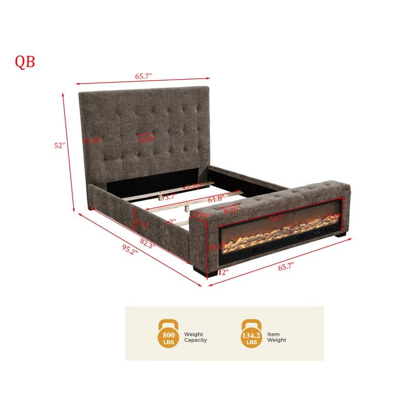 Best Master Furniture Sabine Luxe Modern Upholstered Tufted Grey Chenille Panel Bed with Integrated Fireplace Display