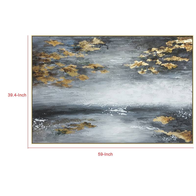 39 x 59 Hand Painted Sky with Gold Foil Clouds, Silver Frame, Resin Coat - Gray, White, Gold, Silver