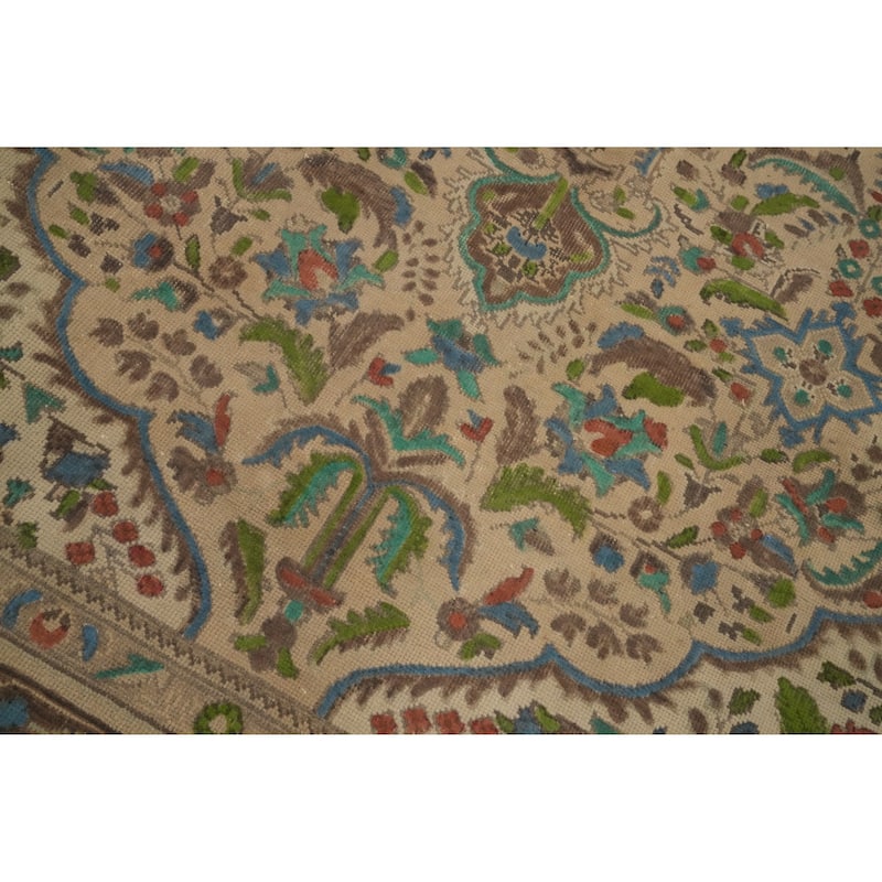 Hand Knotted Oriental 100% Wool Carpet Traditional Floral Beige & Ivories Tabriz Area Rug - 11' 0'' X 7' 10''