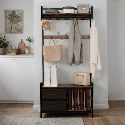 33.1" 5-in-1 Coat Rack with 2 Movable Drawers, Shoe Storage and Hooks
