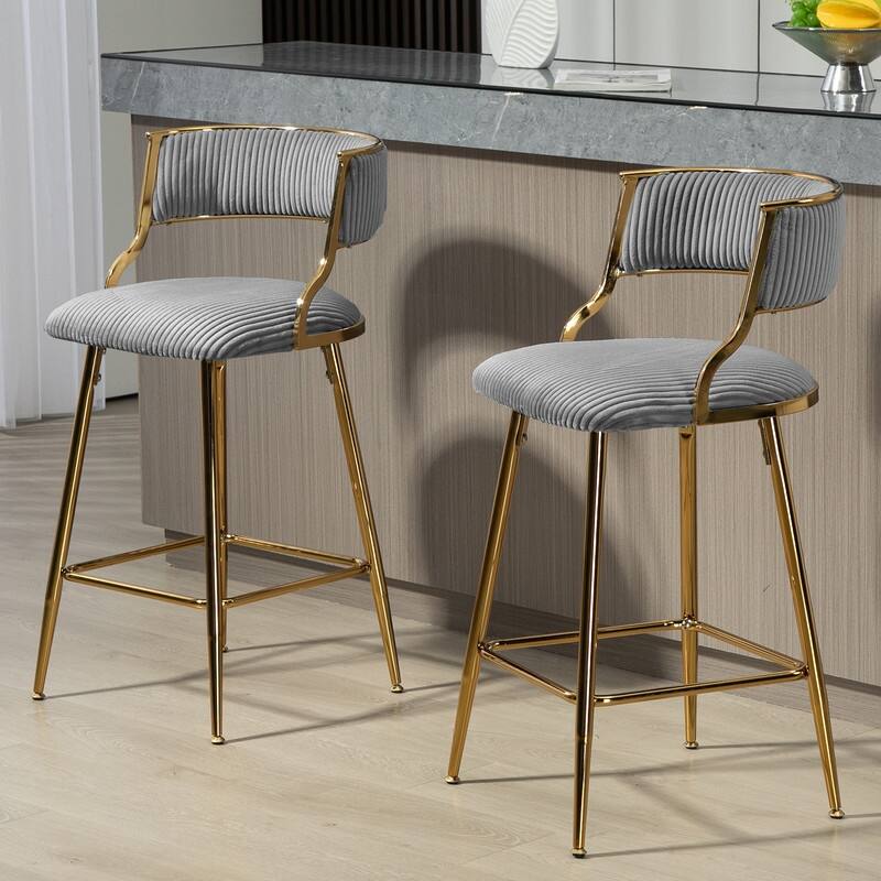 (SET of 2) 26'' Counter height bar stools Corduroy kitchen island counter bar stool with back,golden chromed base and footrest