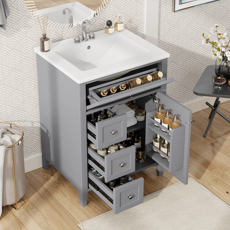 24" Bathroom Vanity with Sink, 3 Drawers & Storage Cabinet, Adjustable Shelves, MDF/Rubberwood - Grey