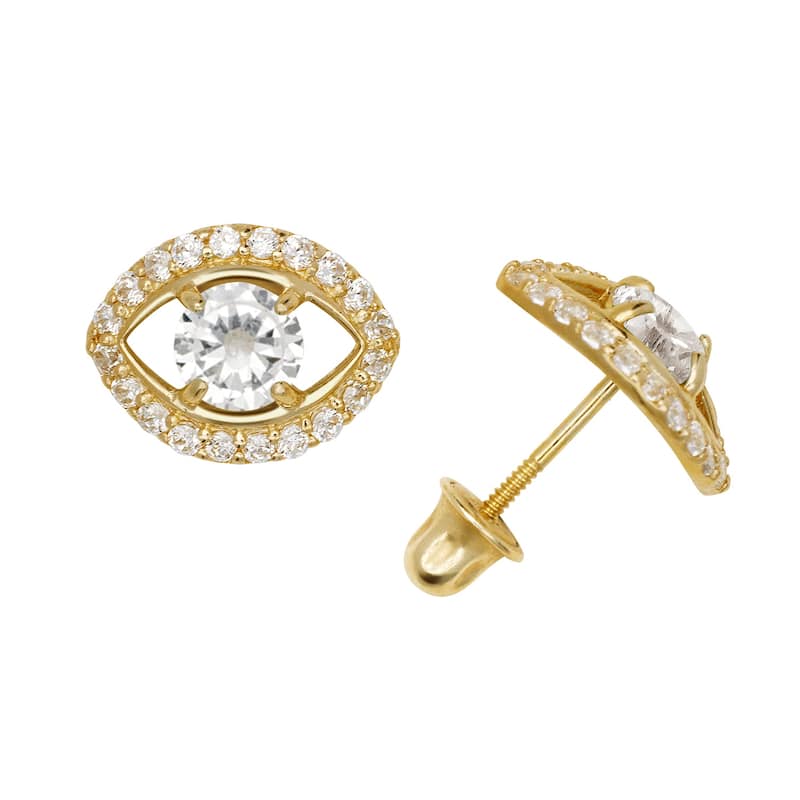 Curata Solid 14k Yellow or White Gold Round Cubic Zirconia Large Clear Evil-Eye Screw-back Stud Earrings (7x10mm) - Orange - Yellow