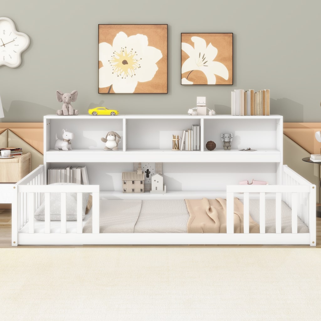 Twin Size Pine Wood Floor Bed with Bedside Bookcase, Shelves and Guardrails for Bedroom