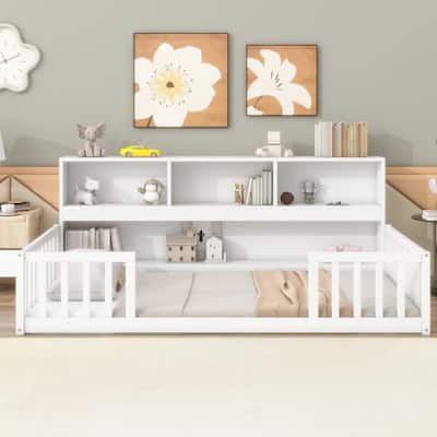 White Twin Size Pine Wood Floor Bed with Bedside Bookcase, Shelves and Guardrails for Bedroom