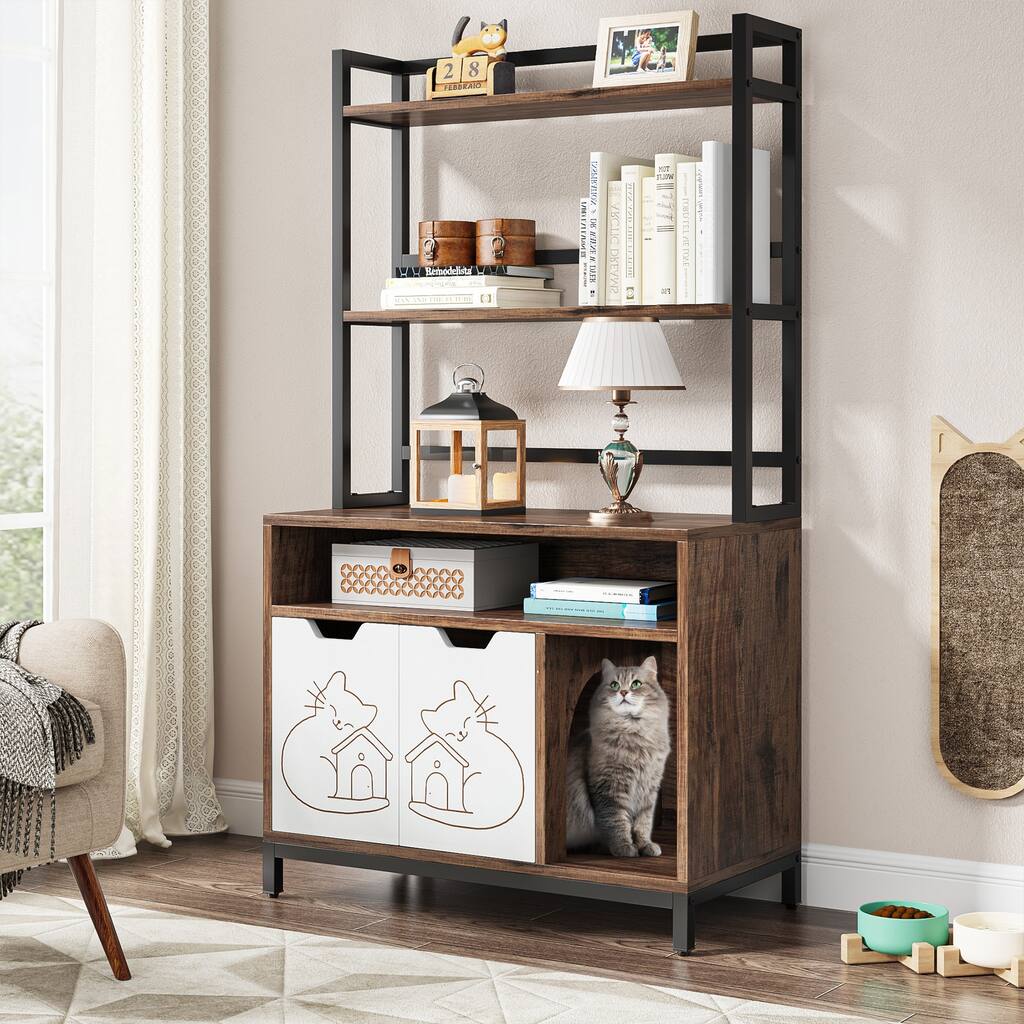 Cat Litter Box Enclosure, Hidden Litter Box Furniture, 5 Tier Bookshelf for Living Room