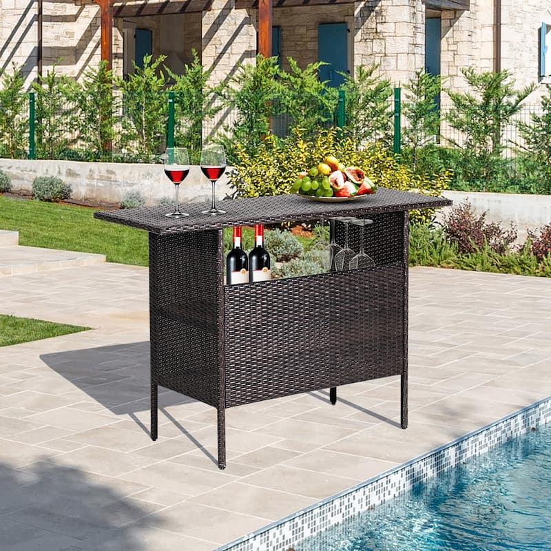 Costway Patio Rattan Wicker Bar Height Counter Table Storage Shelf